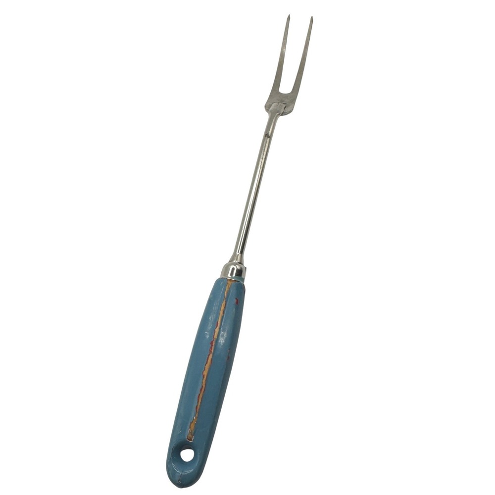Vintage EKCO USA Meat Carving Fork Blue Wood‎ Handle Mid Century Kitchen Utensil